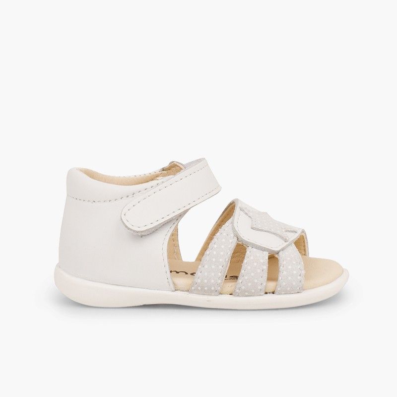 Leather sandals girls first step loop fasteners and star