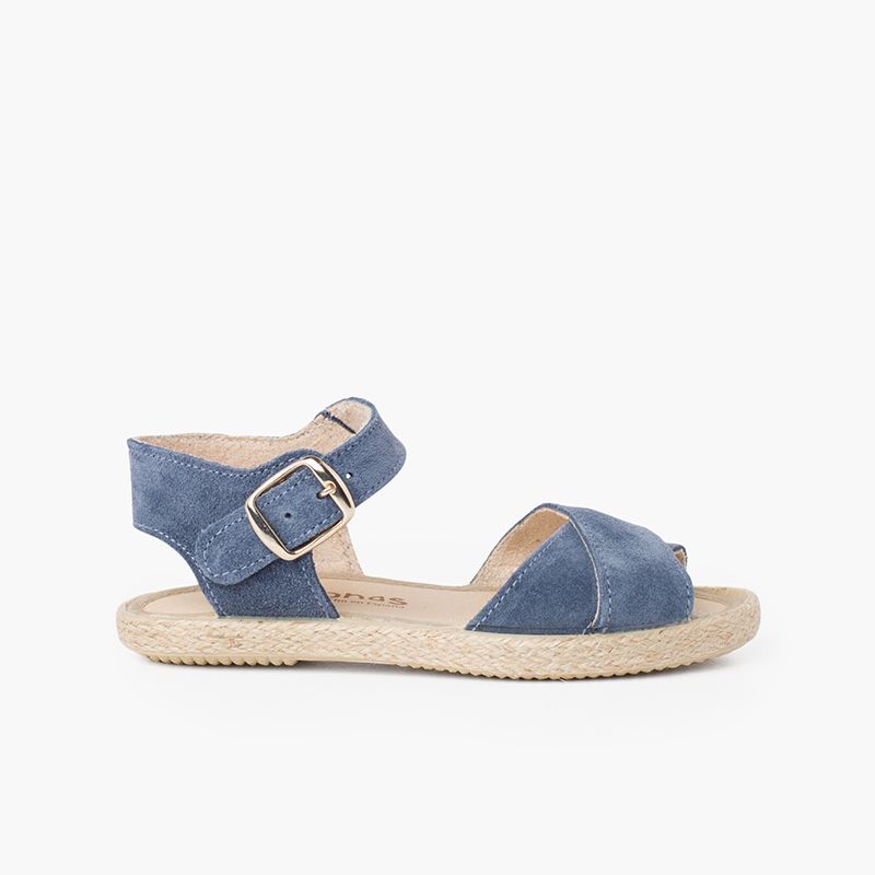 Suede Sandal with Crossed Straps and Jute Sole