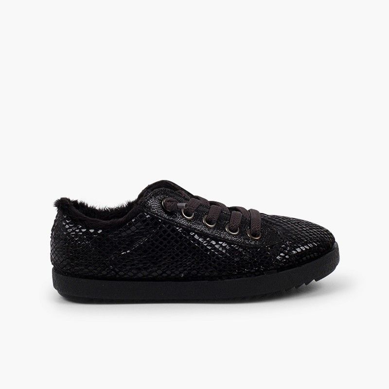  Snake Animal Print Trainers with Fur Lining