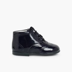 Patent Type Lace-Up Oxford Booties Navy Blue