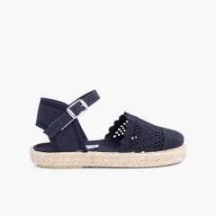 Girls Buckle Up Brogue Espadrille Wedge Navy Blue
