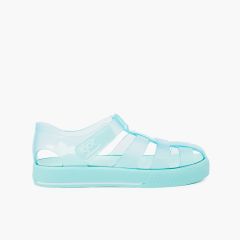 Jelly shoes with loop fasteners colored sole Aquamarine