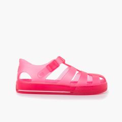 Tonal sole jelly sandals and clip button closure Fuchsia
