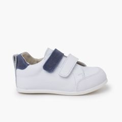 Leather trainers with coloured double riptape fastening Navy Blue