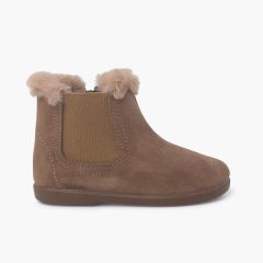 Girl's Chelsea Boots with Furry Collar Taupe