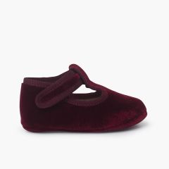 Velvet baby T-bar shoes adhesive fastening Burgundy