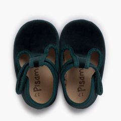 Velvet baby T-bar shoes adhesive fastening Green
