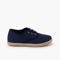 Linen lace-up espadrille sole trainers Navy Blue