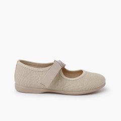 Linen Mary Janes with faille bow fastening Off-White