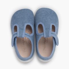 Barefoot T-bar shoes hook-and-loop strap white sole Blue