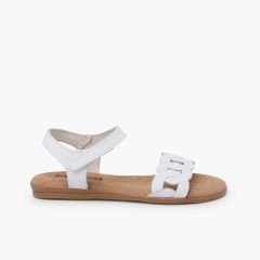 Leather sandals chain detail hook-and-loop strap White