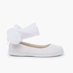 Linen ballet pumps ankle strap tulle bow White
