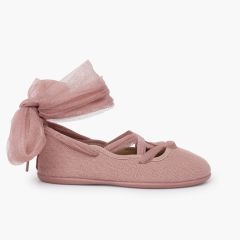 Linen ballet flats crossed tulle ribbons Old Rose
