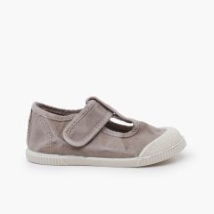 Barefoot washed canvas T-bar shoes Grey