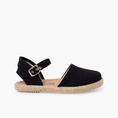 Flat sole linen espadrilles buckle Black