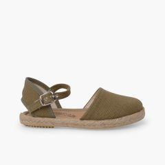 Flat sole linen espadrilles buckle Olive Green