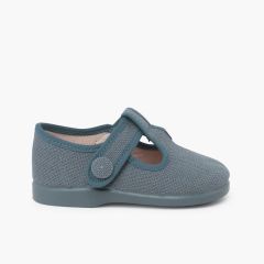 Linen T-bar shoes hook-and-loop fastening button Blue Klein