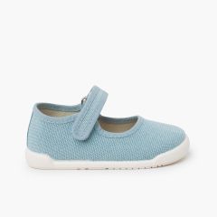 Barefoot rustic canvas mary janes hook-and-loop strap Turquoise