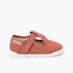 Barefoot rustic canvas T-bar shoes hook-and-loop strap Clay