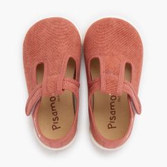 Barefoot rustic canvas T-bar shoes hook-and-loop strap Clay
