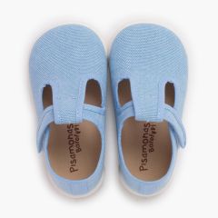 Barefoot rustic canvas T-bar shoes hook-and-loop strap Blue