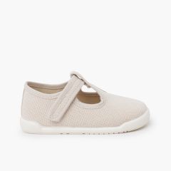 Barefoot rustic canvas T-bar shoes hook-and-loop strap Off-White