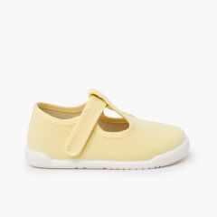 Barefoot rustic canvas T-bar shoes hook-and-loop strap Lemon