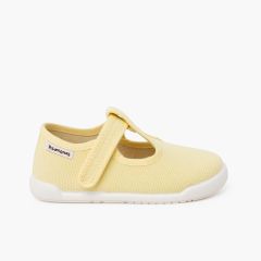 Barefoot rustic canvas T-bar shoes hook-and-loop strap Lemon