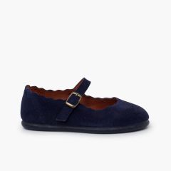Suede Mary Janes wavy edges buckle Navy Blue