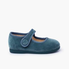 Velvet mary janes hook-and-loop fastening button Blue Klein