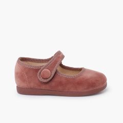 Velvet mary janes hook-and-loop fastening button Pink