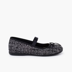 Tweed mary janes elastic strap shine Black