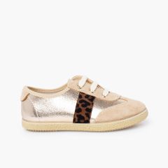 Girls' Lace-Up Trainers Metallic Details Gold
