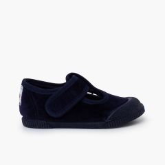 Velvet Barefoot T-Bar Shoes Rubber Toe Navy Blue