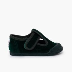 Velvet Barefoot T-Bar Shoes Rubber Toe Green