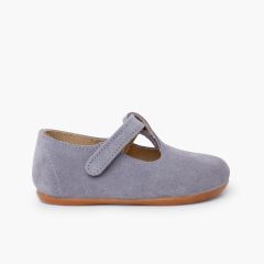 Barefoot suede T-bar shoes boys first steps Lead Blue