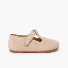 Barefoot suede T-bar shoes boys first steps Beige