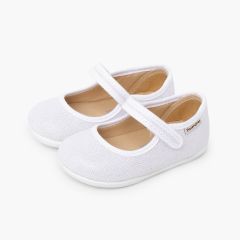 Barefoot linen shimmer Mary Janes hook-and-loop fastening White
