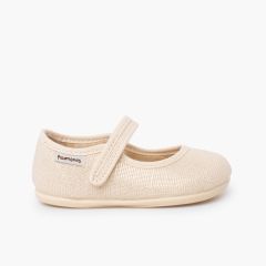 Barefoot linen shimmer Mary Janes hook-and-loop fastening Champagne