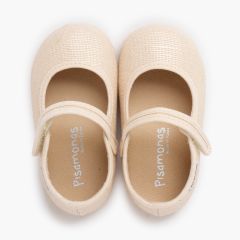 Barefoot linen shimmer Mary Janes hook-and-loop fastening Champagne