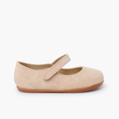 Barefoot suede Mary Janes girls first steps Beige