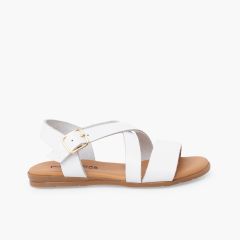 Girls’ leather sandals with crossed straps White