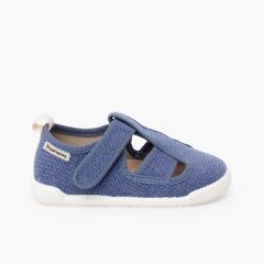 Boys' barefoot closed sandals in canvas Blue denim