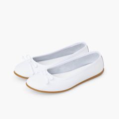 Washable leather ceremony ballet flats with bow White