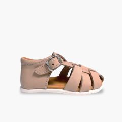 Boys’ barefoot closed leather sandals Sand