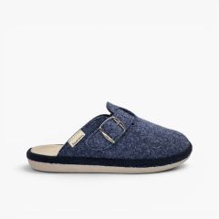 Flexible felt mule slippers buckle Navy Blue