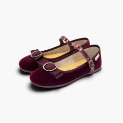 Velvet Mary Janes bow buckle Burgundy