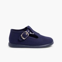 Canvas Buckle Up T-Bar Shoes Navy Blue