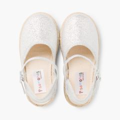 Girls Glitter Buckle Up Espadrille Wedge Silver