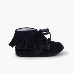 Baby Indian-style Boots with fringes and laces Navy Blue